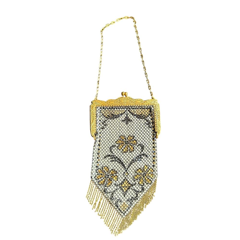 Antique Mandalian Hand Painted Mesh Purse Bag gold floral 20’s Art Deco enamel